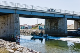 Pêcheurs sous un pont routier