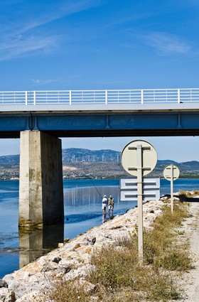 Pêcheurs sous un pont routier